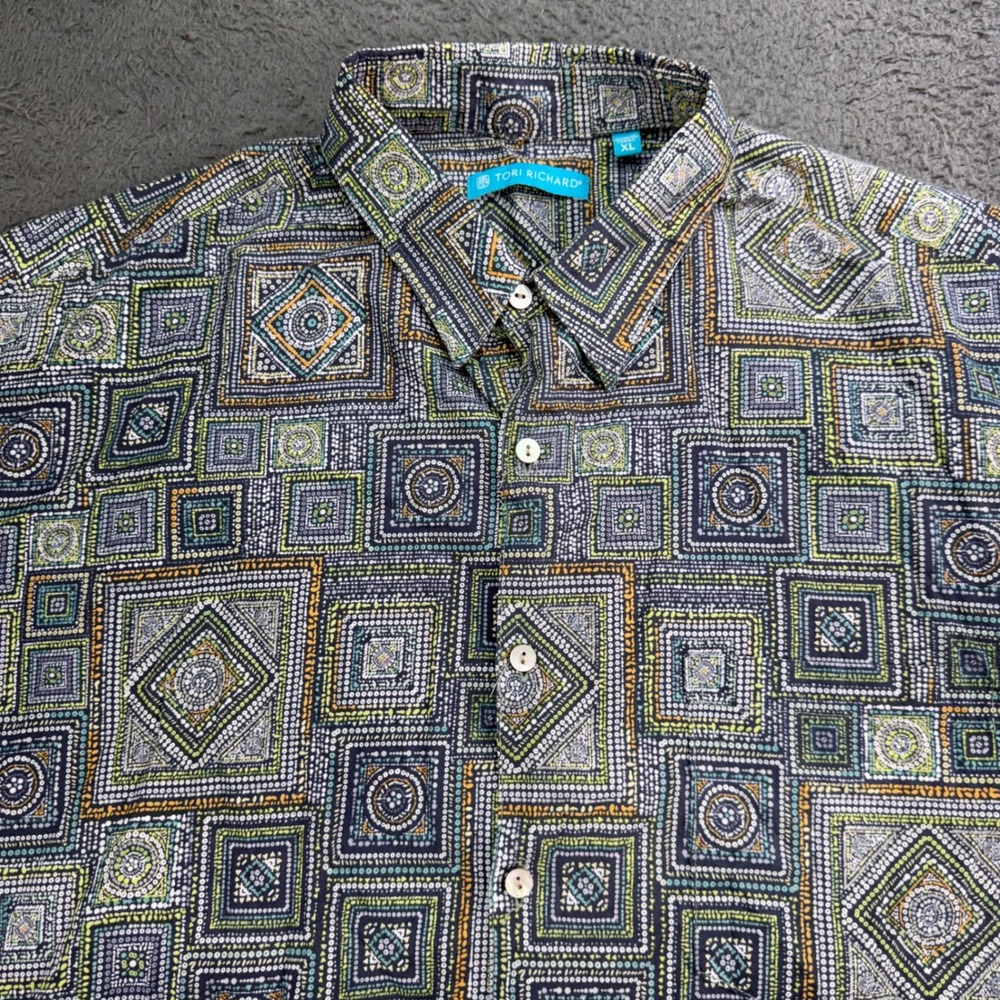 Tori Richard Button Down Shirt Mens‎ XL Grey Blue Geometric Mosaic Hawaii 2458